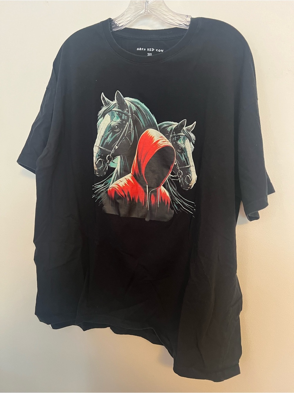 Anime Black Graphic Tee with Red Hood & Horses